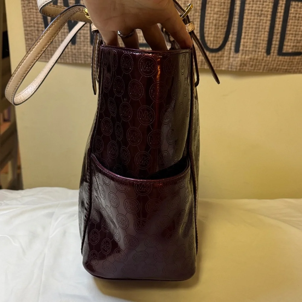 Michael Kors Burgundy Patent‎ Leather Monogram Tote Bag